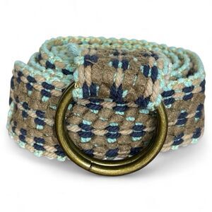 Woven Braided Aqua Tan Cream Belt 47” End to End With Circle Metal Ring Buckle